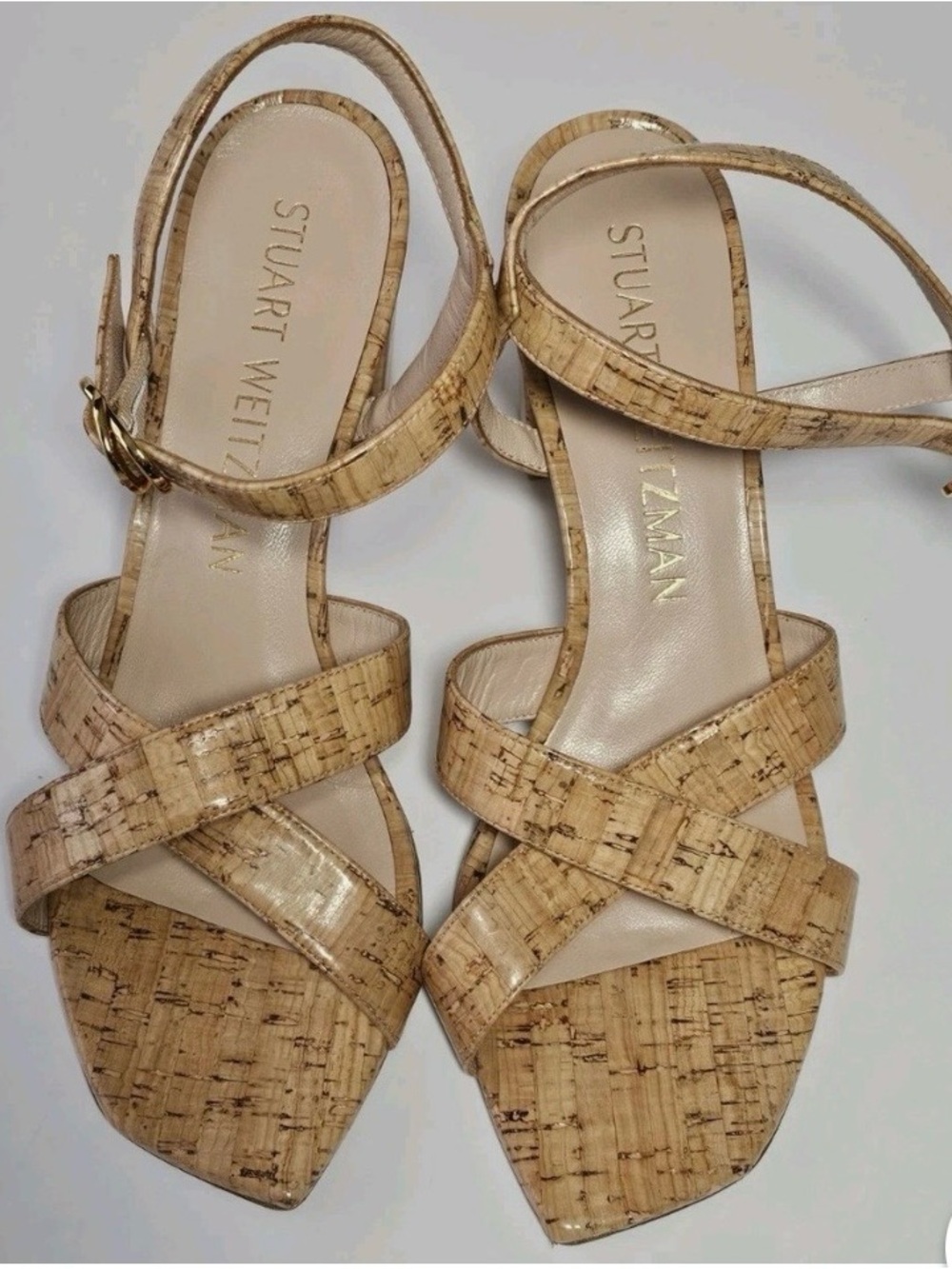 Stuart Weitzman Natural Cork-Pattern Strappy Sandals
